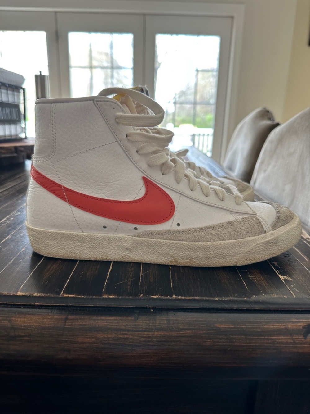 Nike High-Top Athletic Sneaker White with Red Swoosh